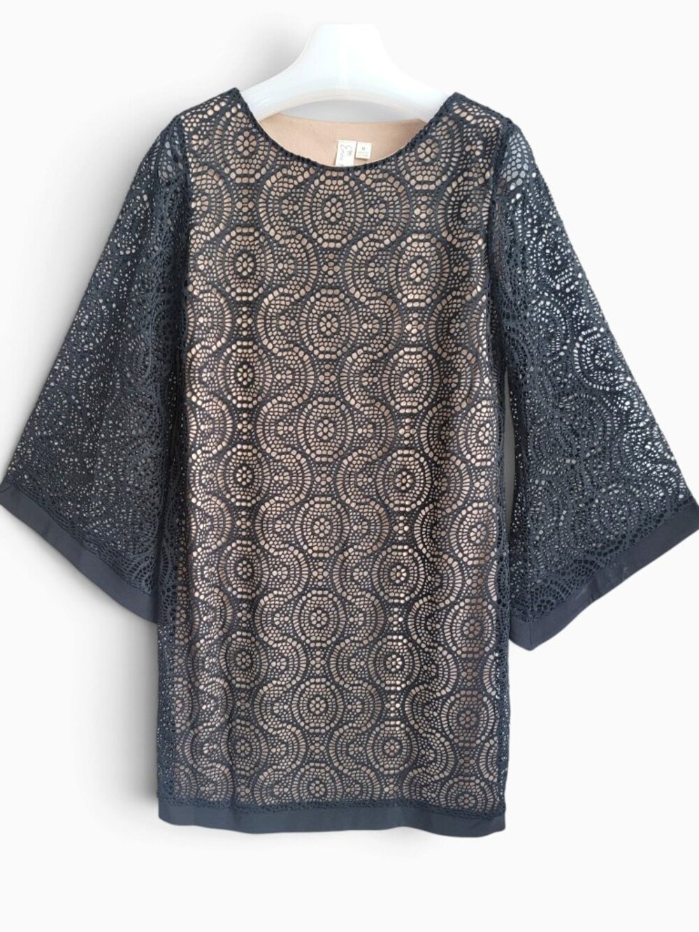 Emma & Michele M Black Crochet Lace Bell Sleeve Shift Dress Nude Lined Boho